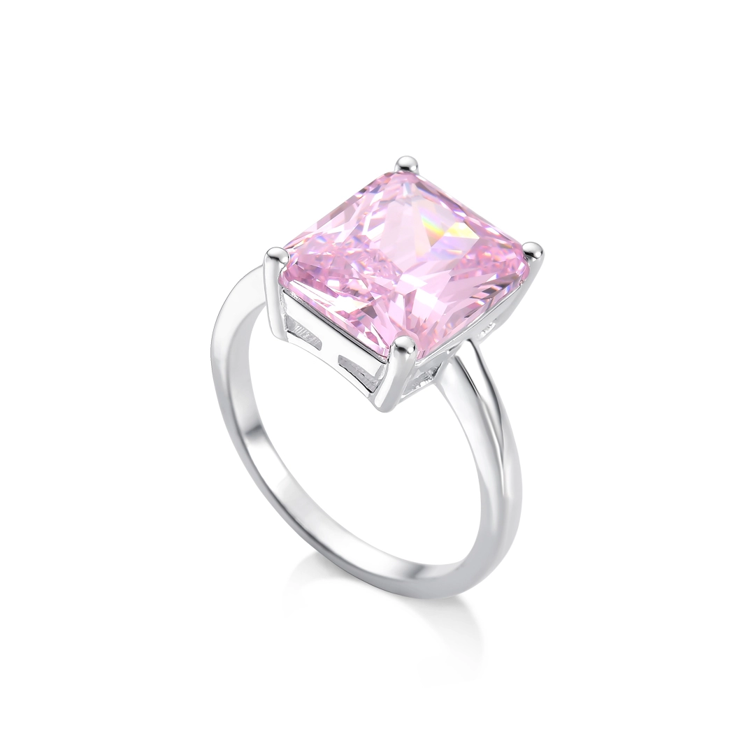 Anel Blend Collection de Prata 925 com Zircônia Rosa Retangular Facetada