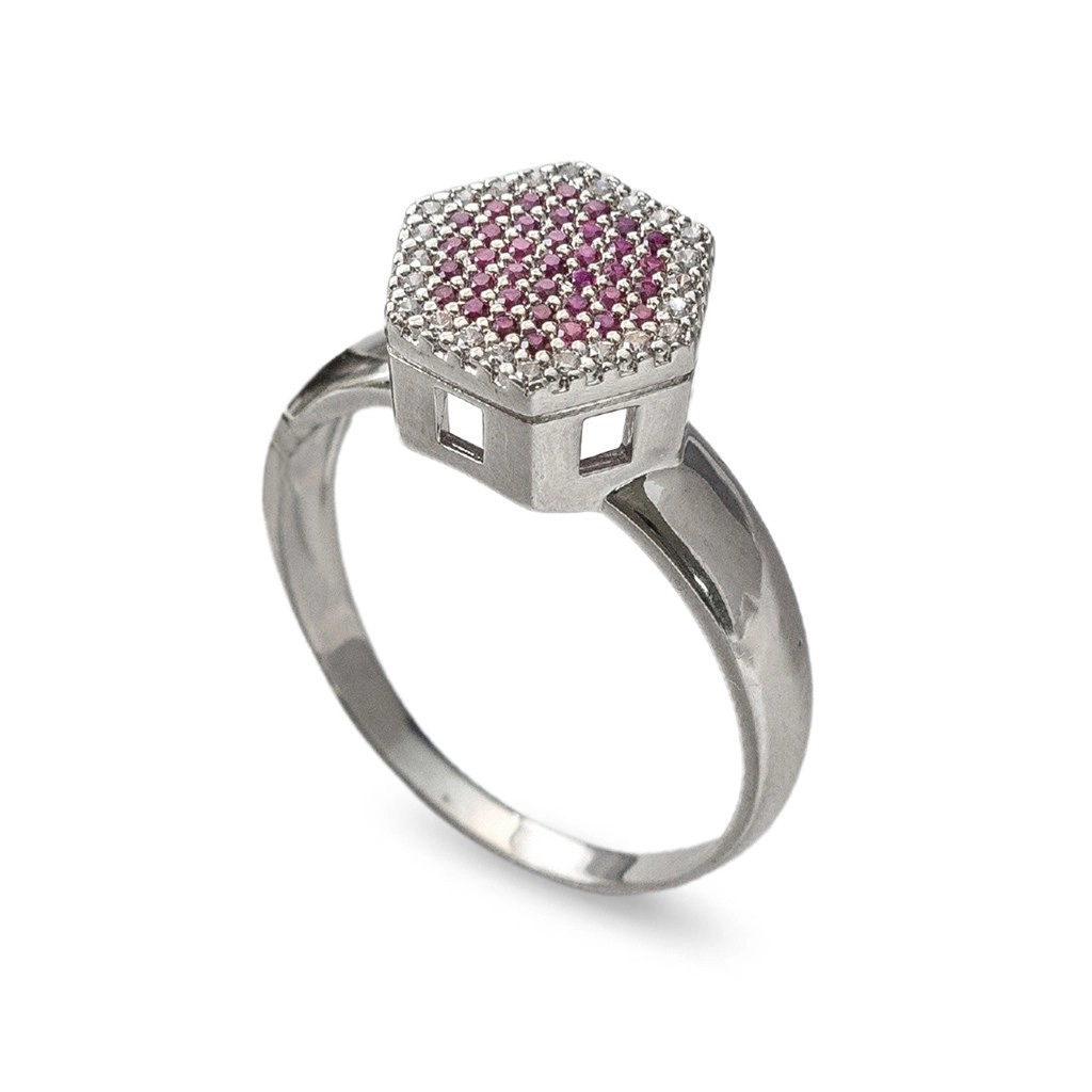 Anel de Formatura em Ouro Branco Hexágono com Zircônia