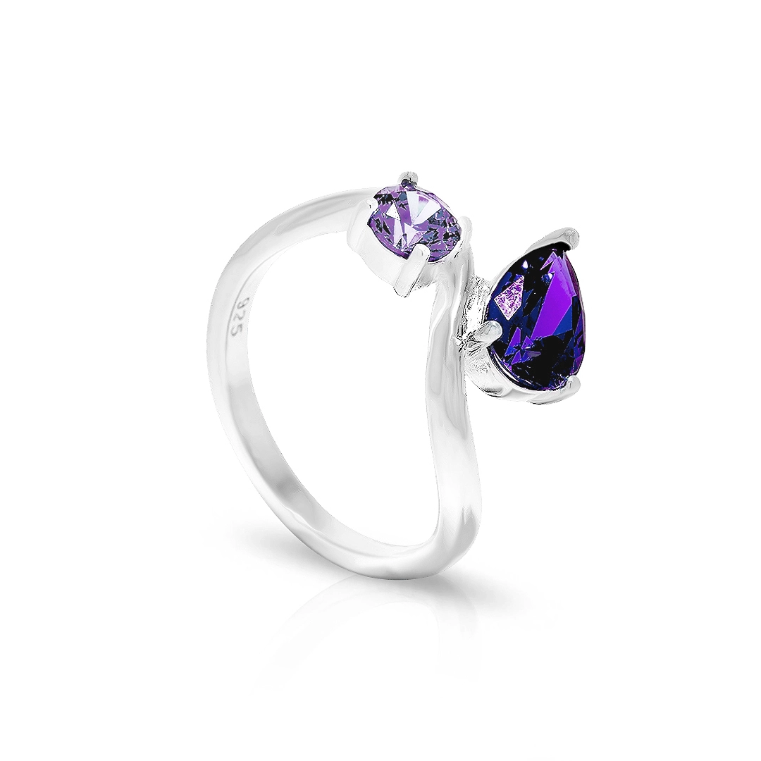 Anel de Prata Blend Collection com Zircônias Ametista Redonda e Gota