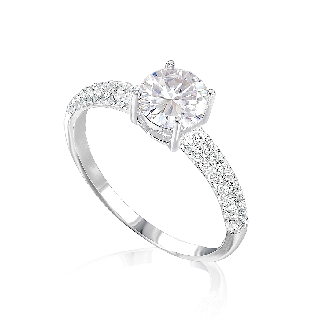 Anel de Prata Solitário Com Zircônia Cristal Cravejada