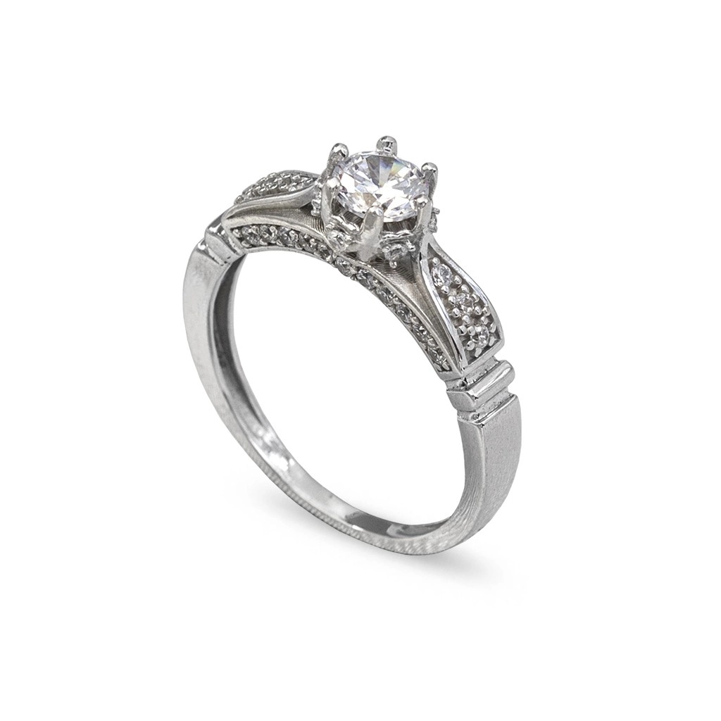 Anel em Ouro Branco 18k com Aro Trabalhado e Zircônias Cristal