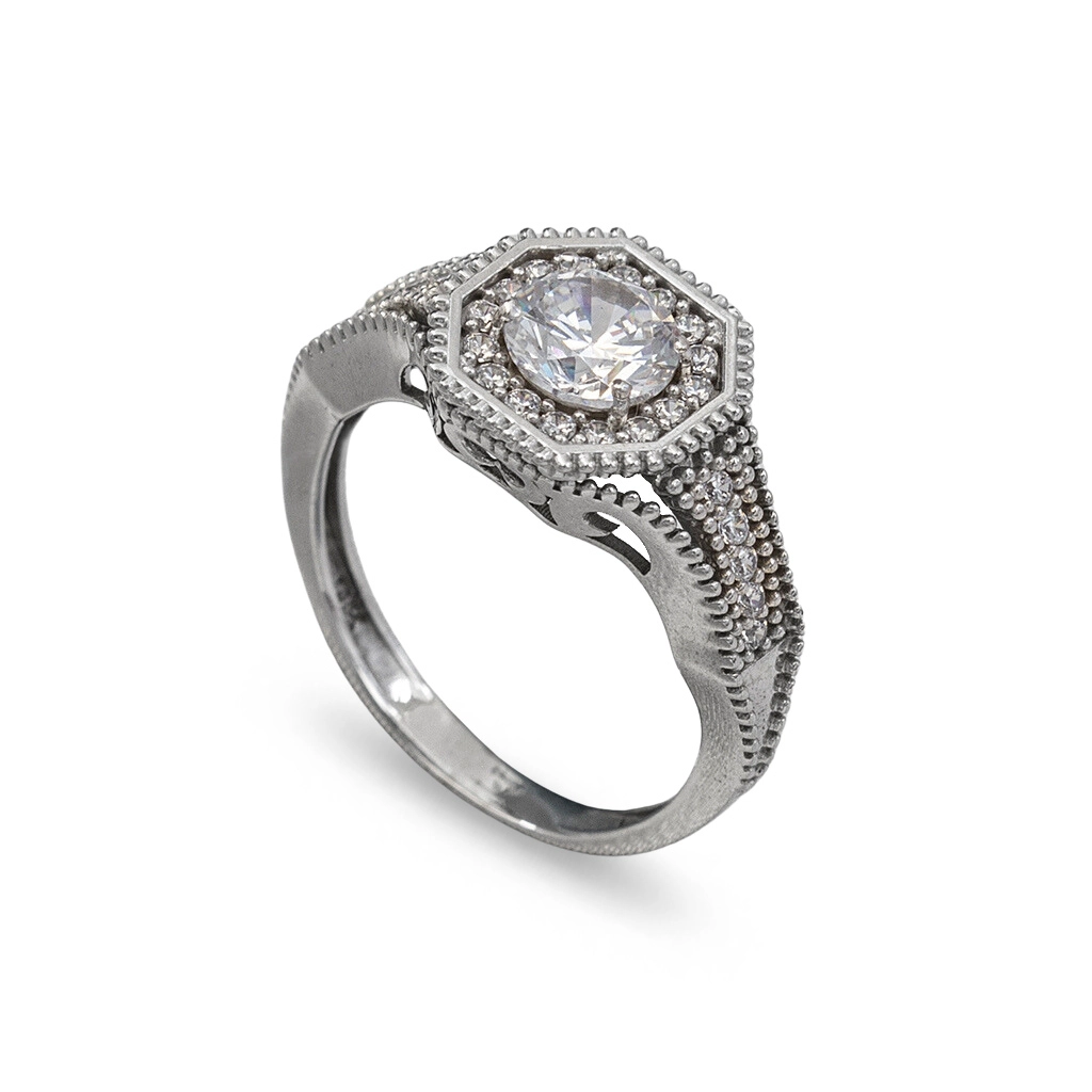 Anel em Ouro Branco 18k Trabalhado com Zircônia Cristal