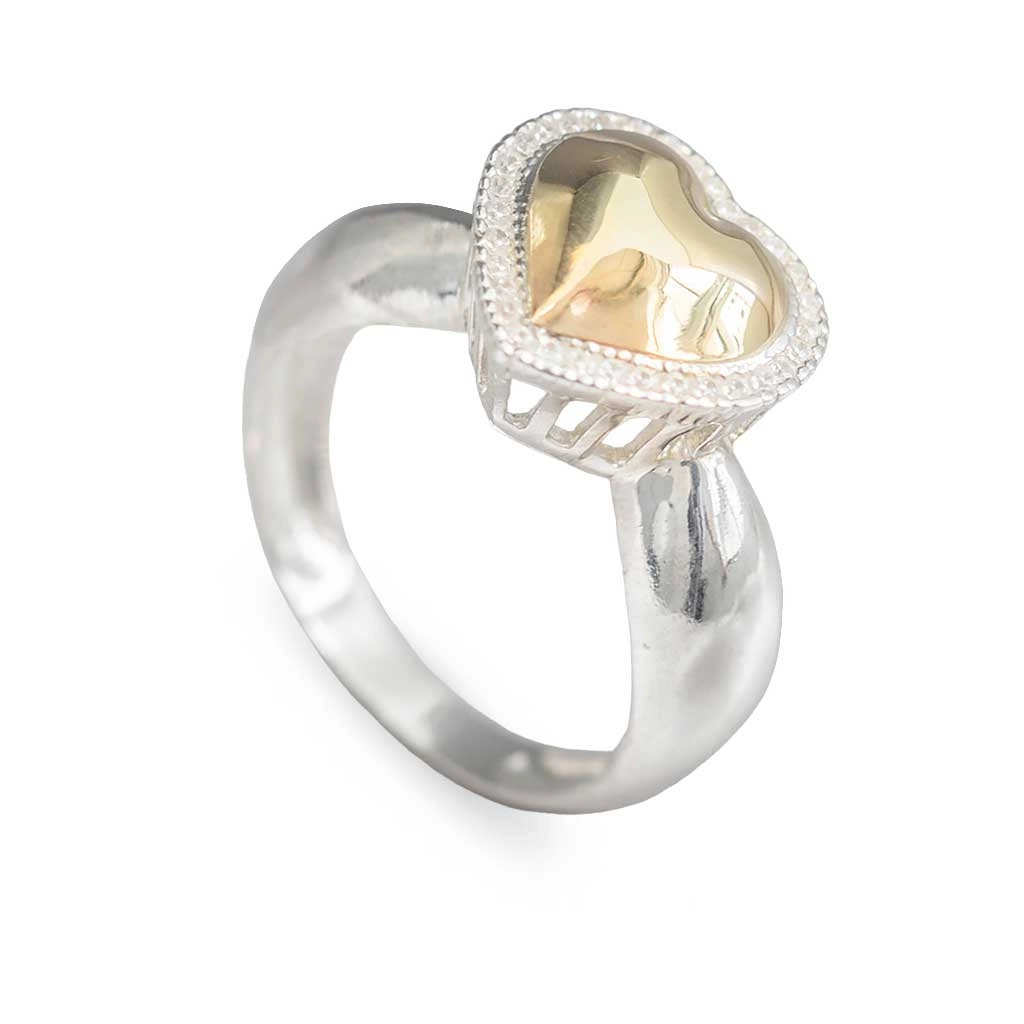 Anel em Prata Classic Coração com Aplique em Ouro e Zircônias Cristal