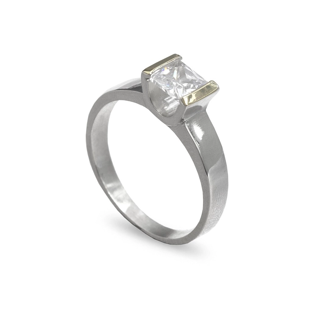 Anel em Prata Classic Solitário Quadrado com Aplique em Ouro e Zircônia Cristal