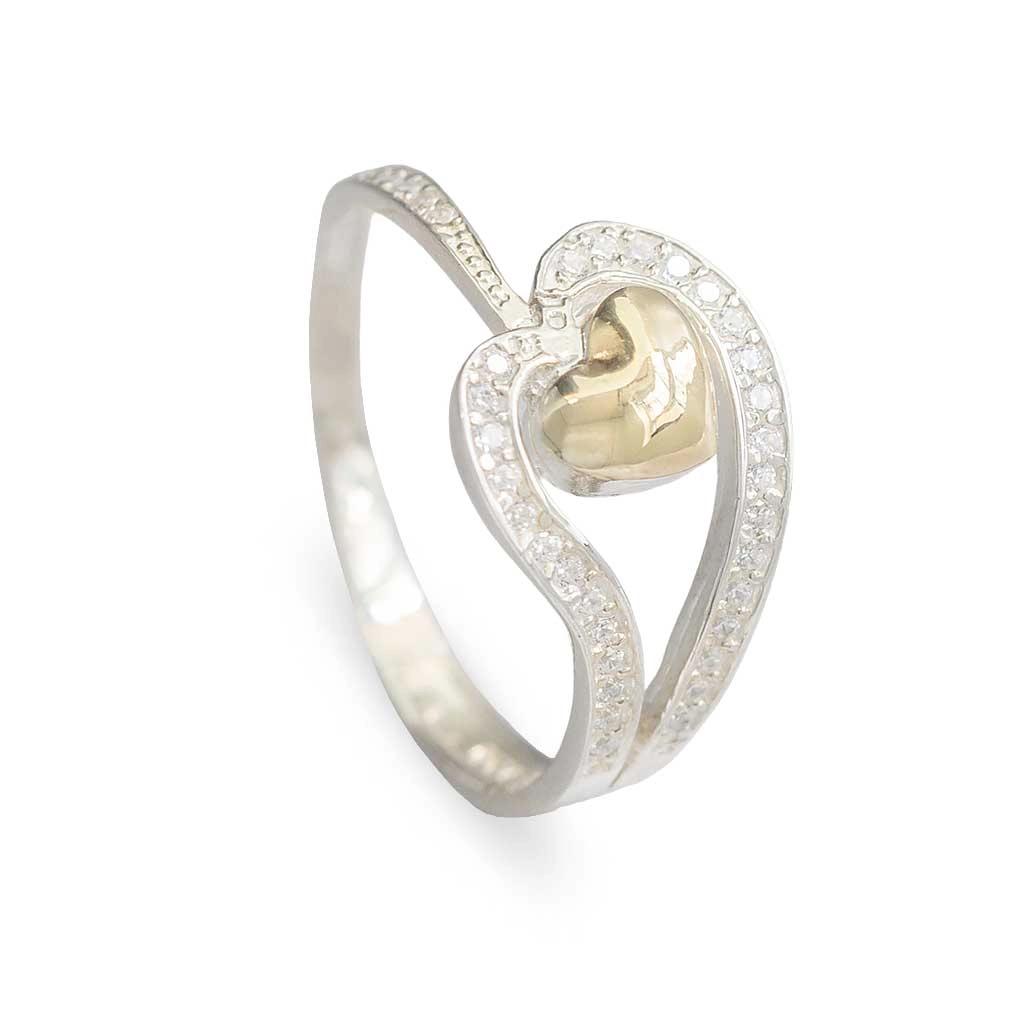Anel em Prata Classic Vazado de Zircônias Cristal e Coração com Aplique em Ouro