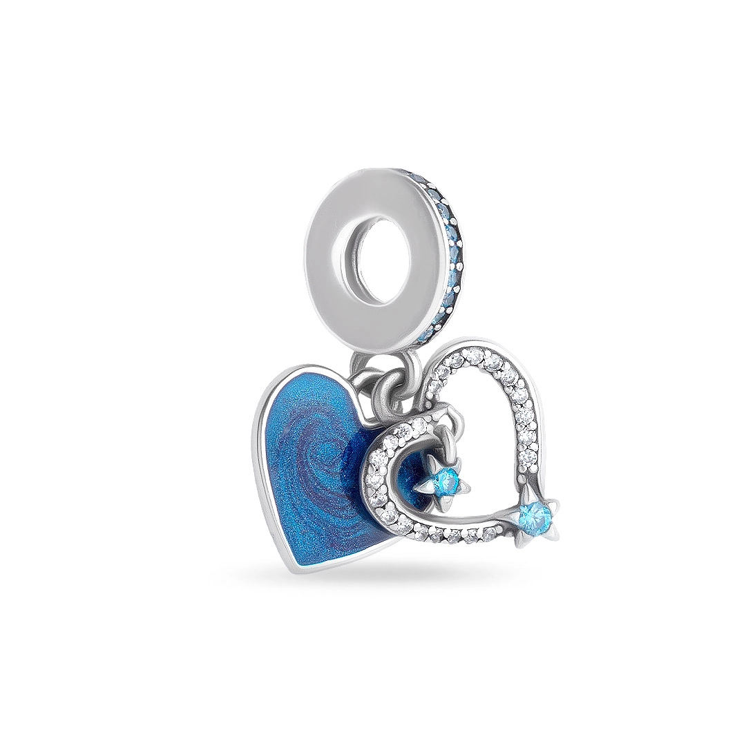 Berloque de Prata Coração Duplo com Resina  Azul e Zircônia Cristal