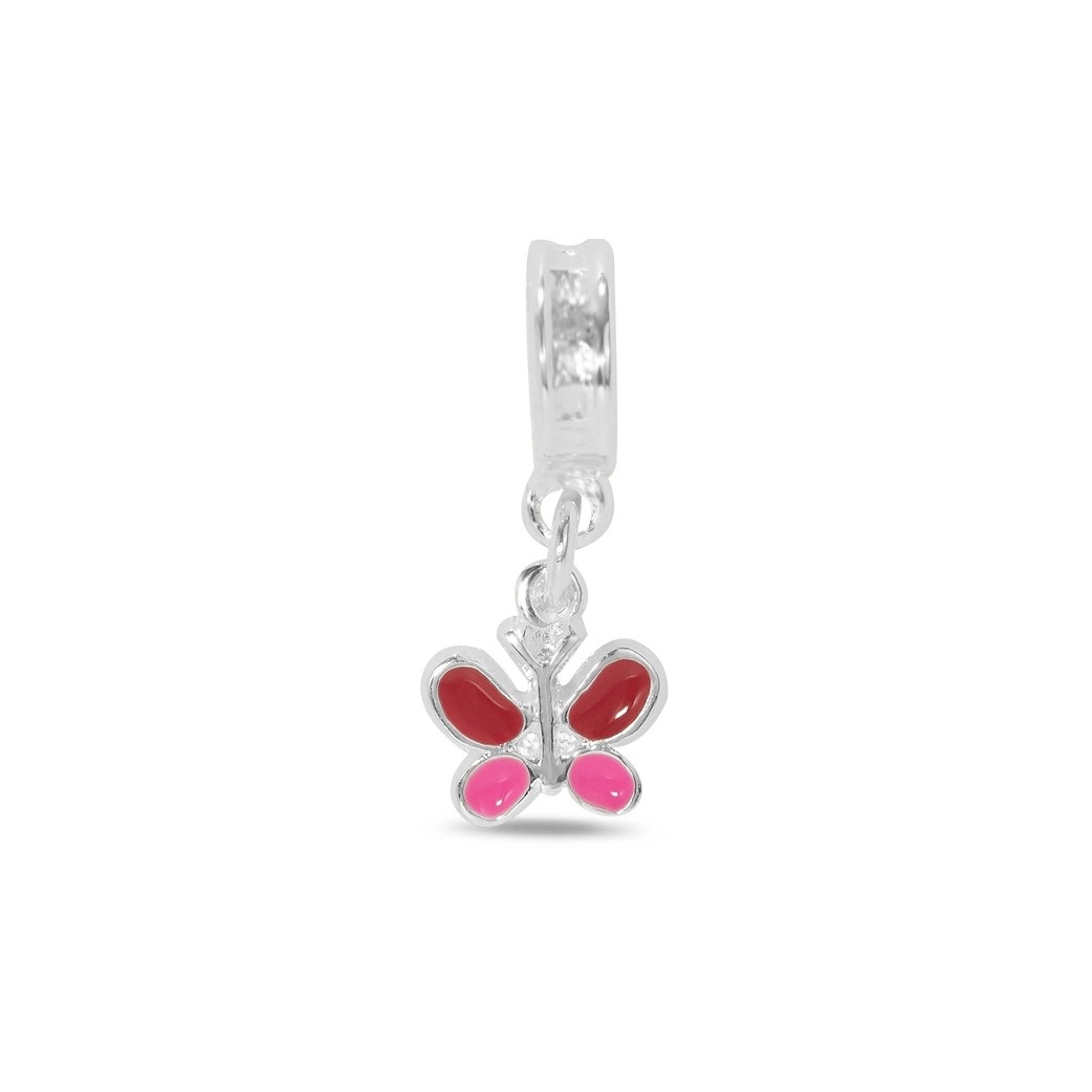 Berloque de Prata Leve Infantil Borboleta Rosa e Vermelho