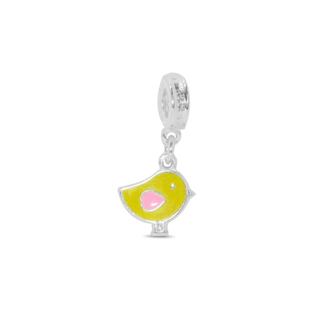 Berloque de Prata Leve Symbol Kids Pintinho Amarelo e Rosa Esmaltado