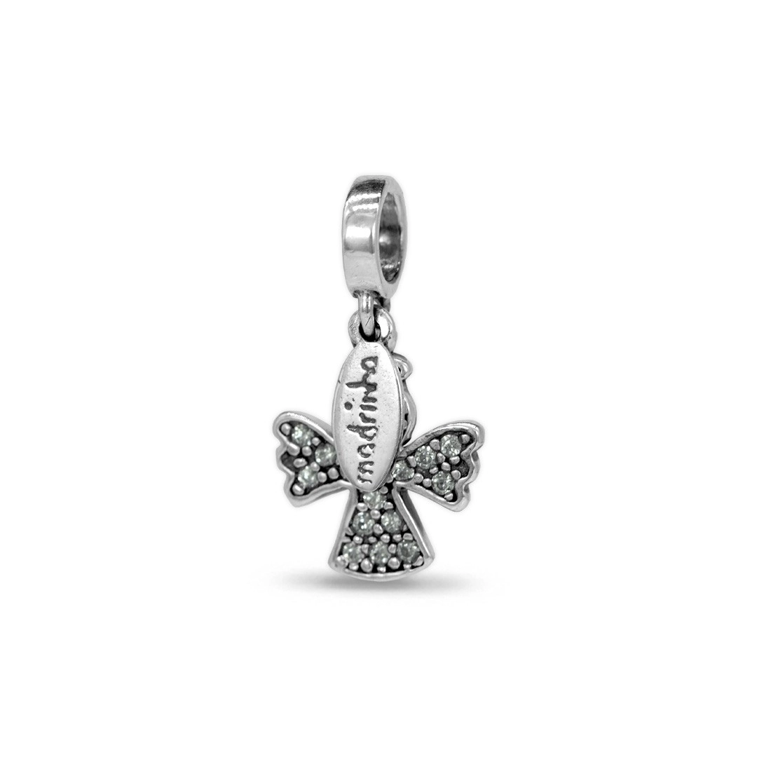 Berloque de Prata Symbol Anjo e Placa de Madrinha com Zircônia Cristal