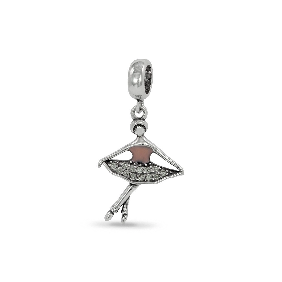 Berloque de Prata Symbol Bailarina Rosa com Zircônia Cristal