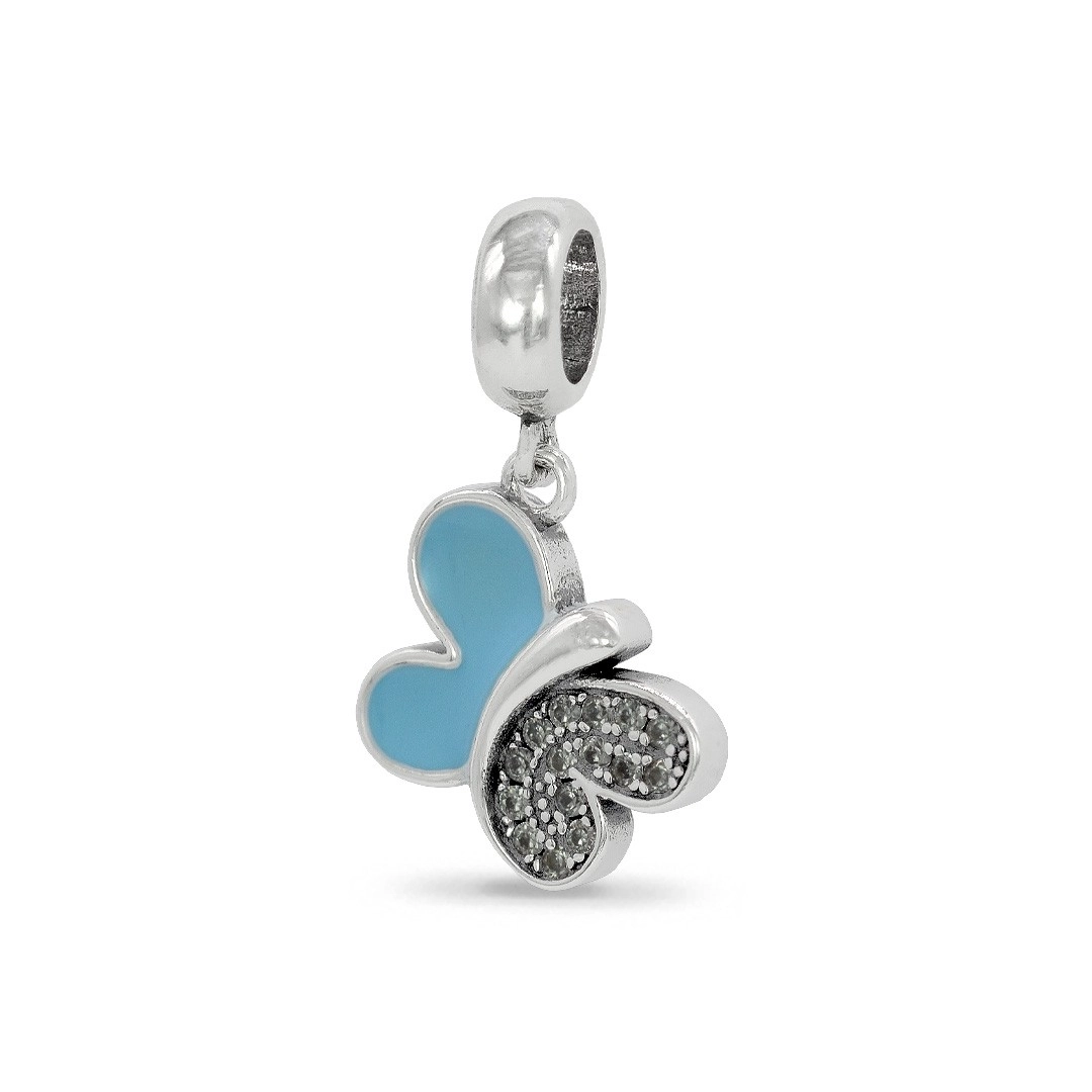 Berloque de Prata Symbol Balanço com Borboleta Azul Esmatado e Zircônia Cristal