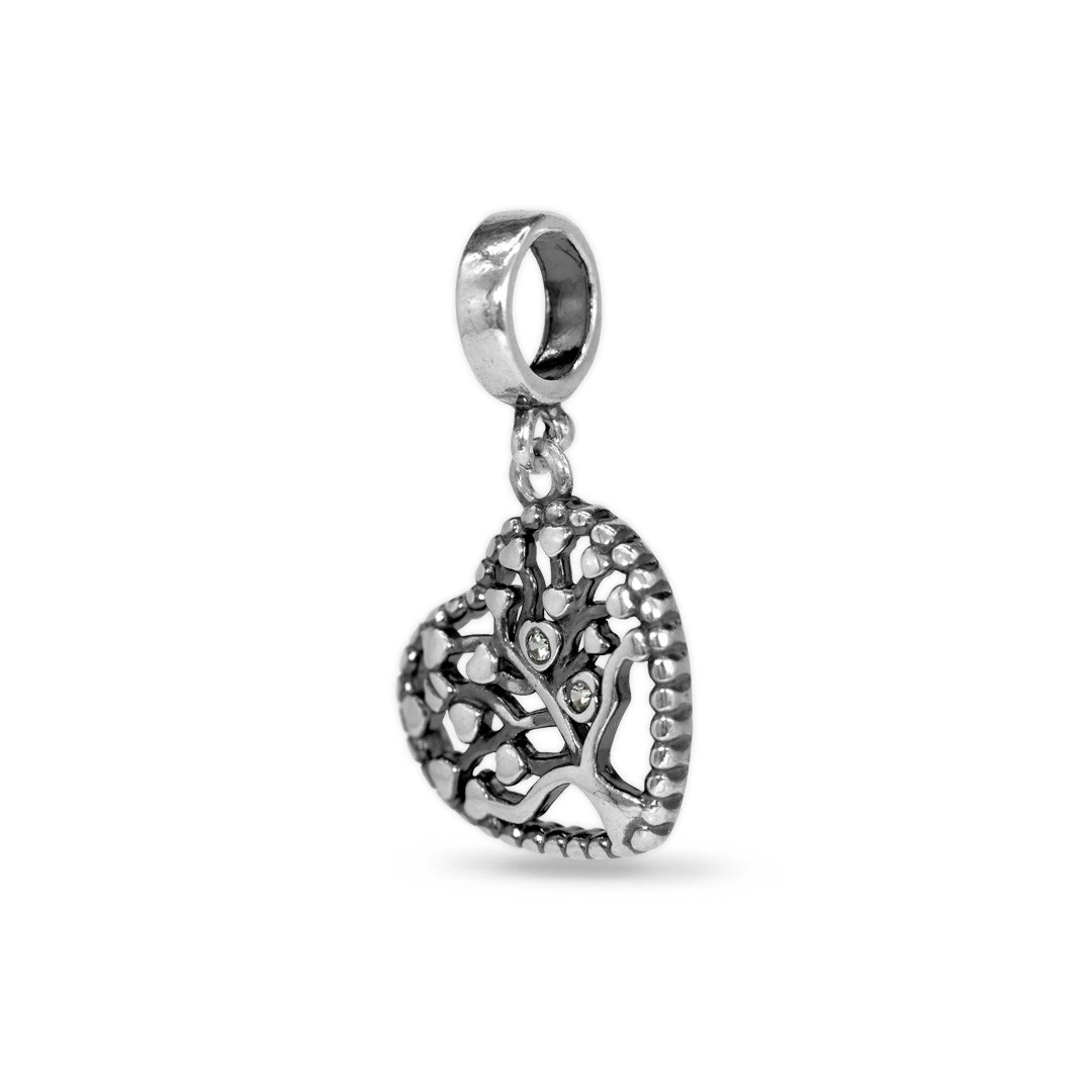 Berloque de Prata Symbol Balanço Coração com Árvore da Vida e Zircônia Cristal