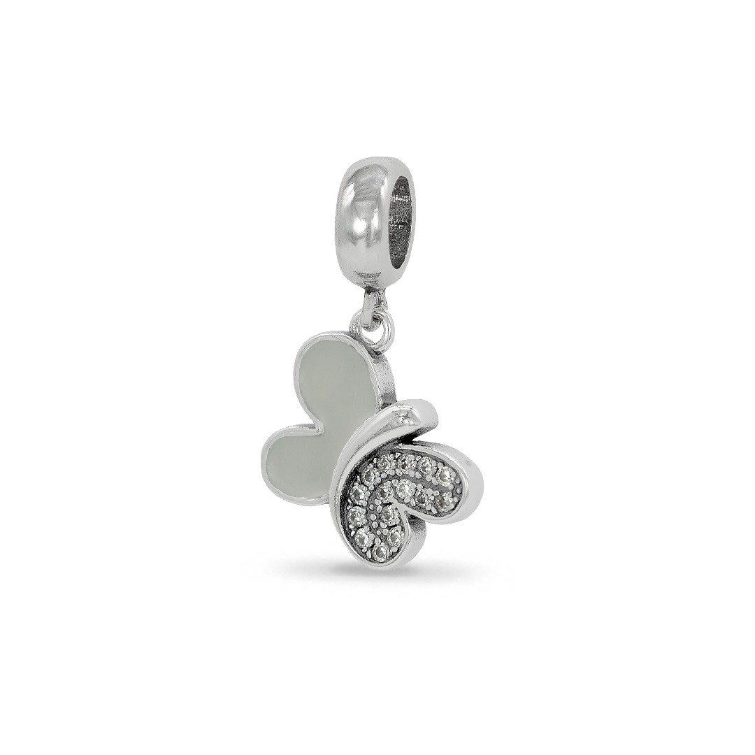 Berloque de Prata  Borbolela com Resina Branca e Zircônia Cristal
