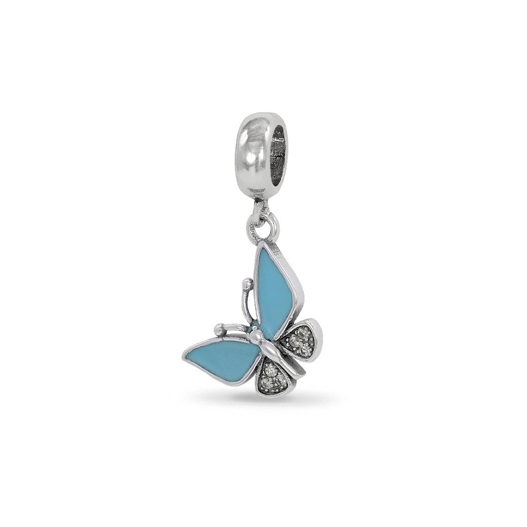 Berloque de Prata Symbol Borboleta com Resina Azul e Zircônia Cristal