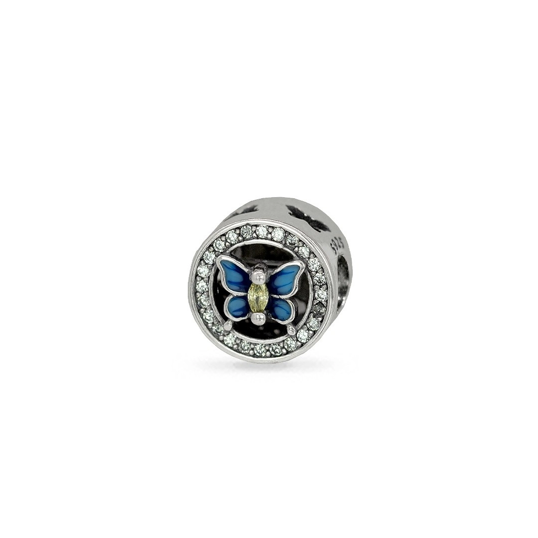 Berloque de Prata Symbol Círculo, Borboleta com Resina Azul e Zircônia Cristal