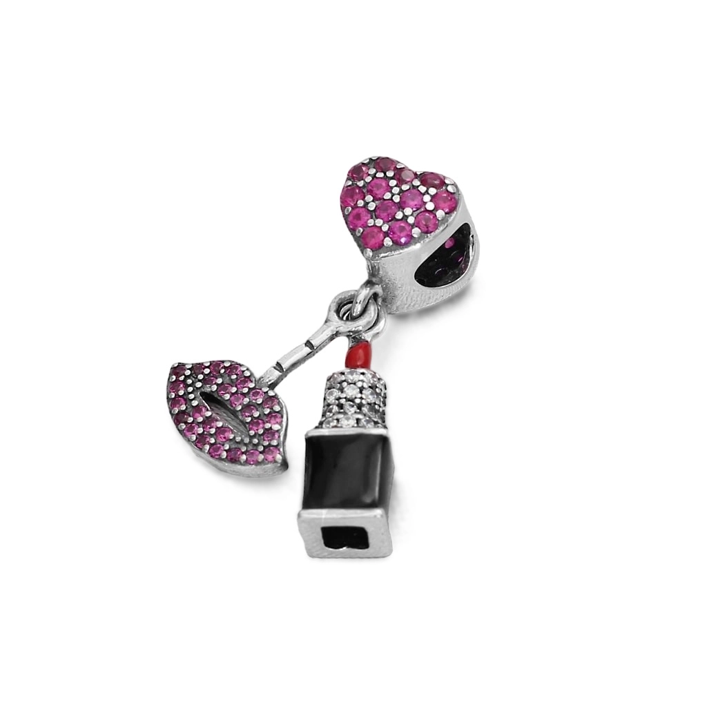 Berloque de Prata Symbol Coração com Batom e Boca com Zircônia Rubi e Zircônia Cristal