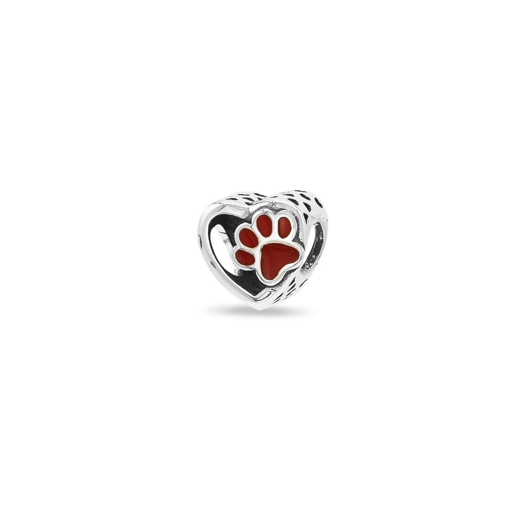 Berloque de Prata Symbol Coração com Pata de Cachorro e Resina Vermelha