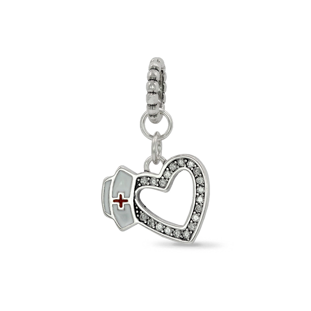 Berloque de Prata Symbol Coração com Quepe de Enfermagem e Resina Branca