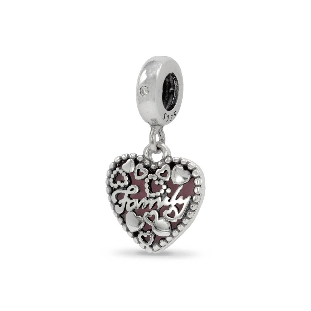 Berloque de Prata Symbol Coração com Resina Rosa e Trabalhado Envelhecido
