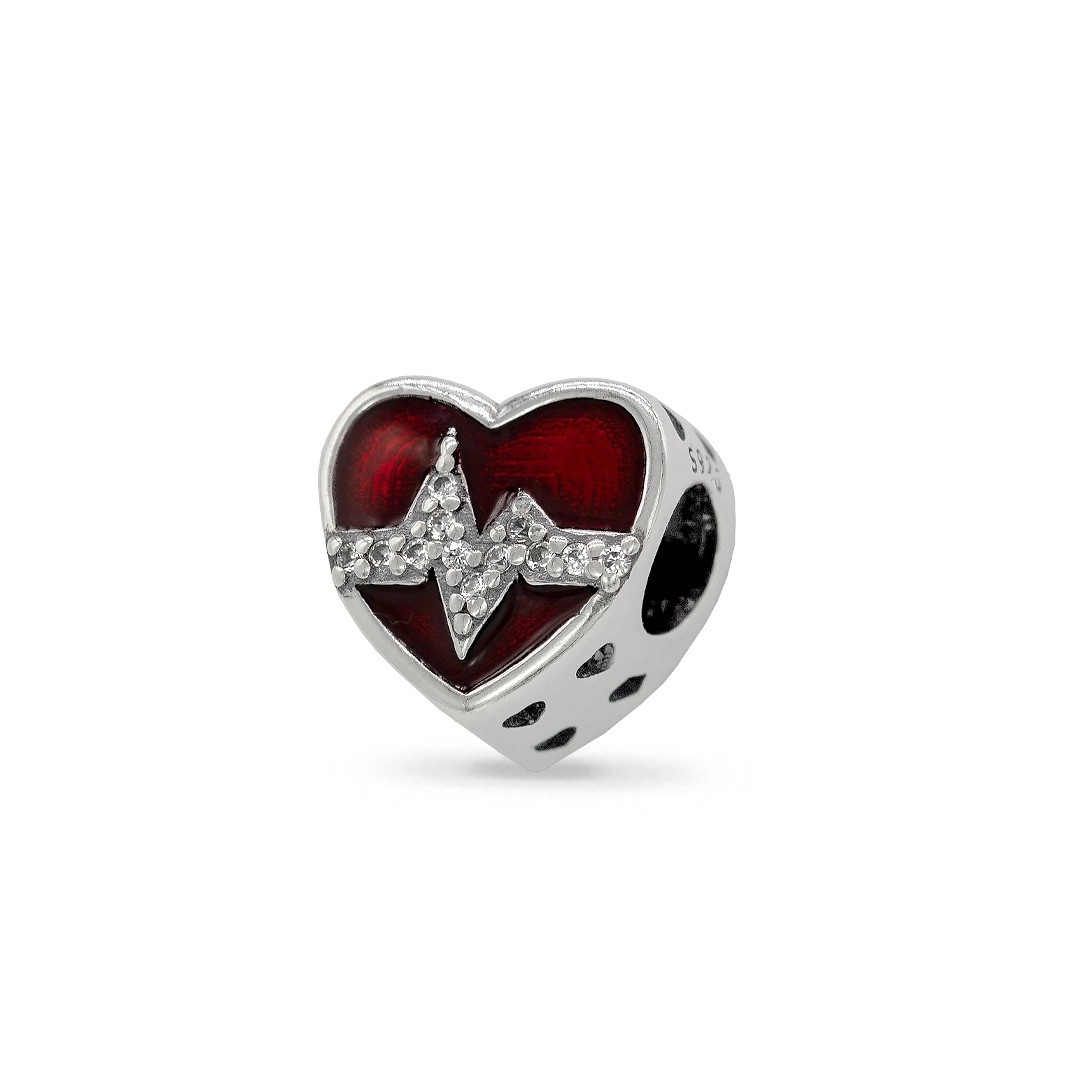 Berloque de Prata Symbol Coração com Resina Vermelha, Batimento e Zircônia Cristal