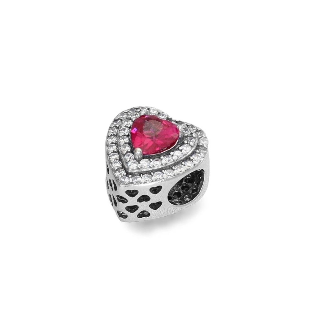 Berloque de Prata Symbol Coração com Zircônia Cristal e Zircônia Rubi