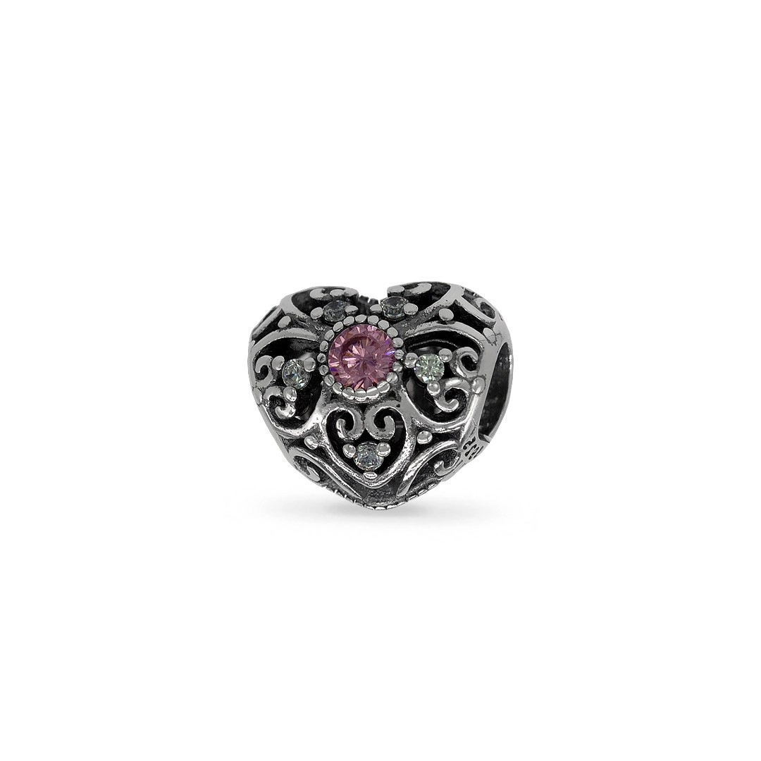 Berloque de Prata Symbol Coração com Zircônia Rosa