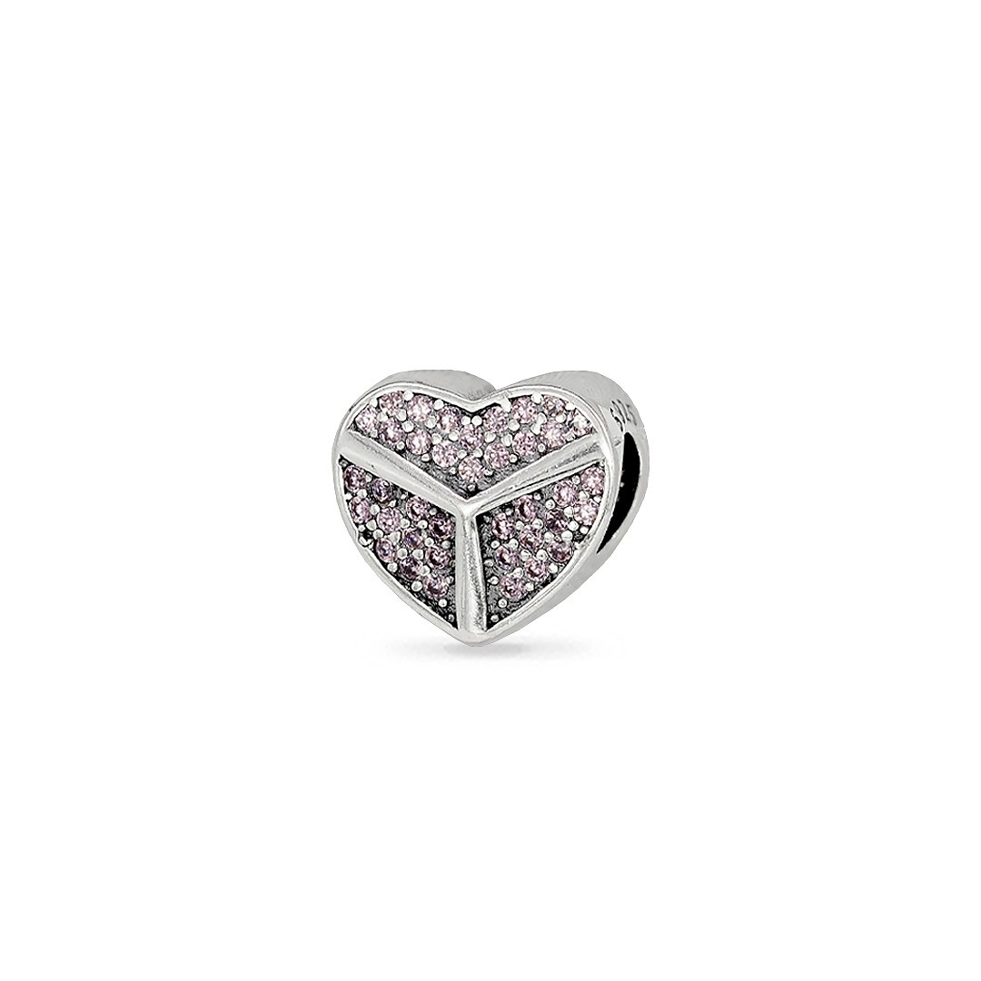 Berloque de Prata Coração com Zircônias Rosa