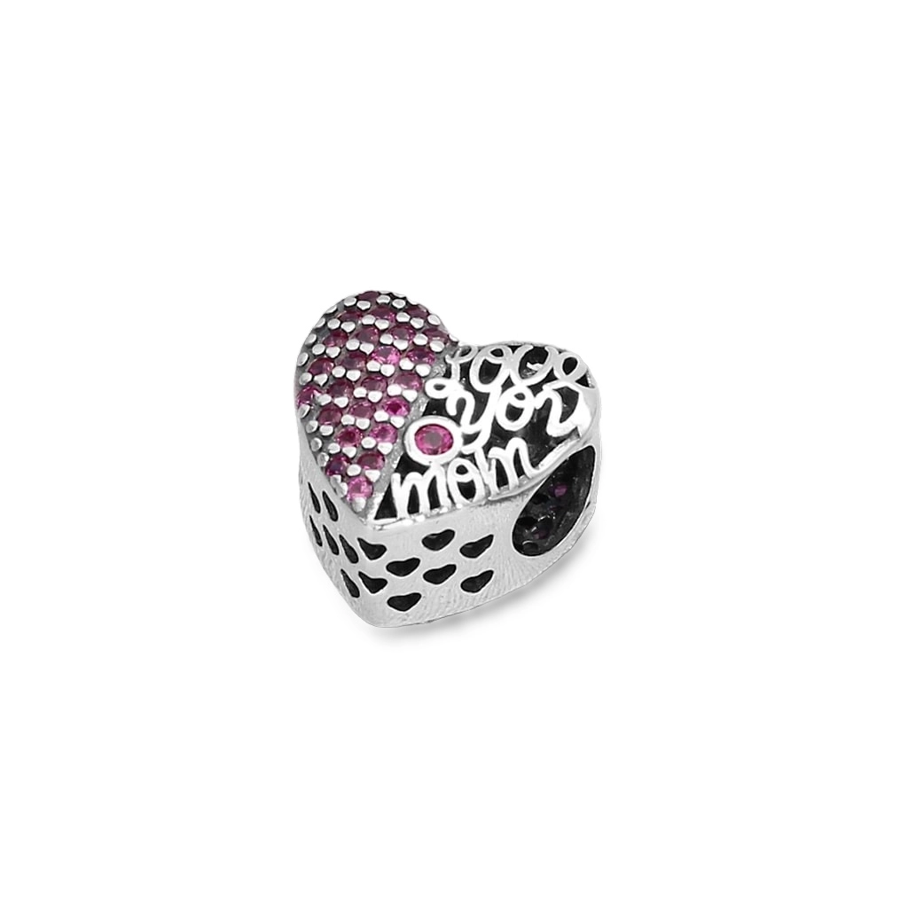 Berloque  de Prata  Symbol Coração com Zircônias Rubi "Love You Mom"