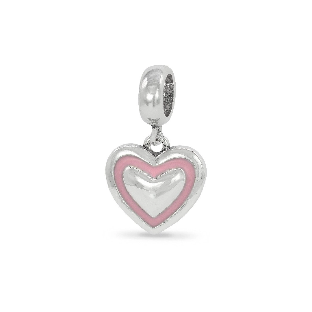 Berloque de Prata Symbol Coração Espelhado Rosa Esmaltado