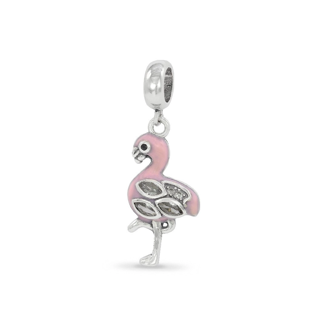 Berloque de Prata Flamingo com Acabamento Rosa Esmaltado