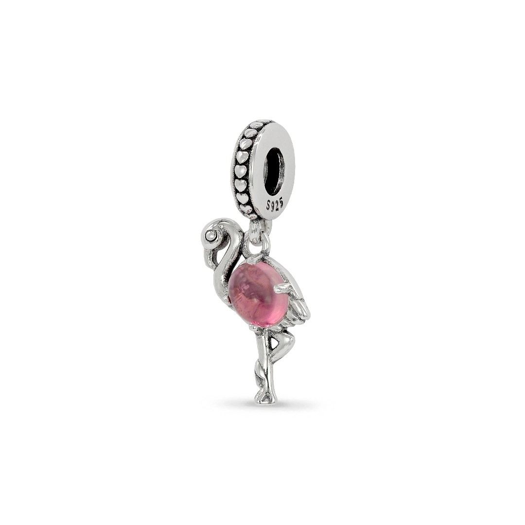 Berloque de Prata Flamingo com Resina Rosa
