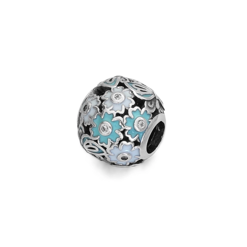Berloque de Prata Symbol Flor e Borboleta com Resina Azul e Branca e Zircônia Cristal