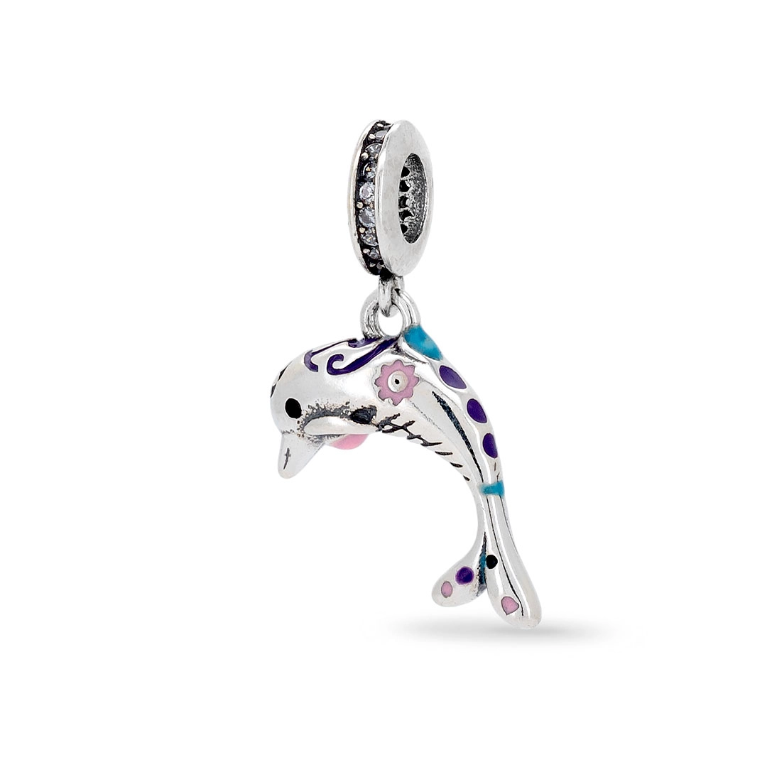 Berloque De Prata Golfinho com Resina Colorida e Zircônia Cristal 