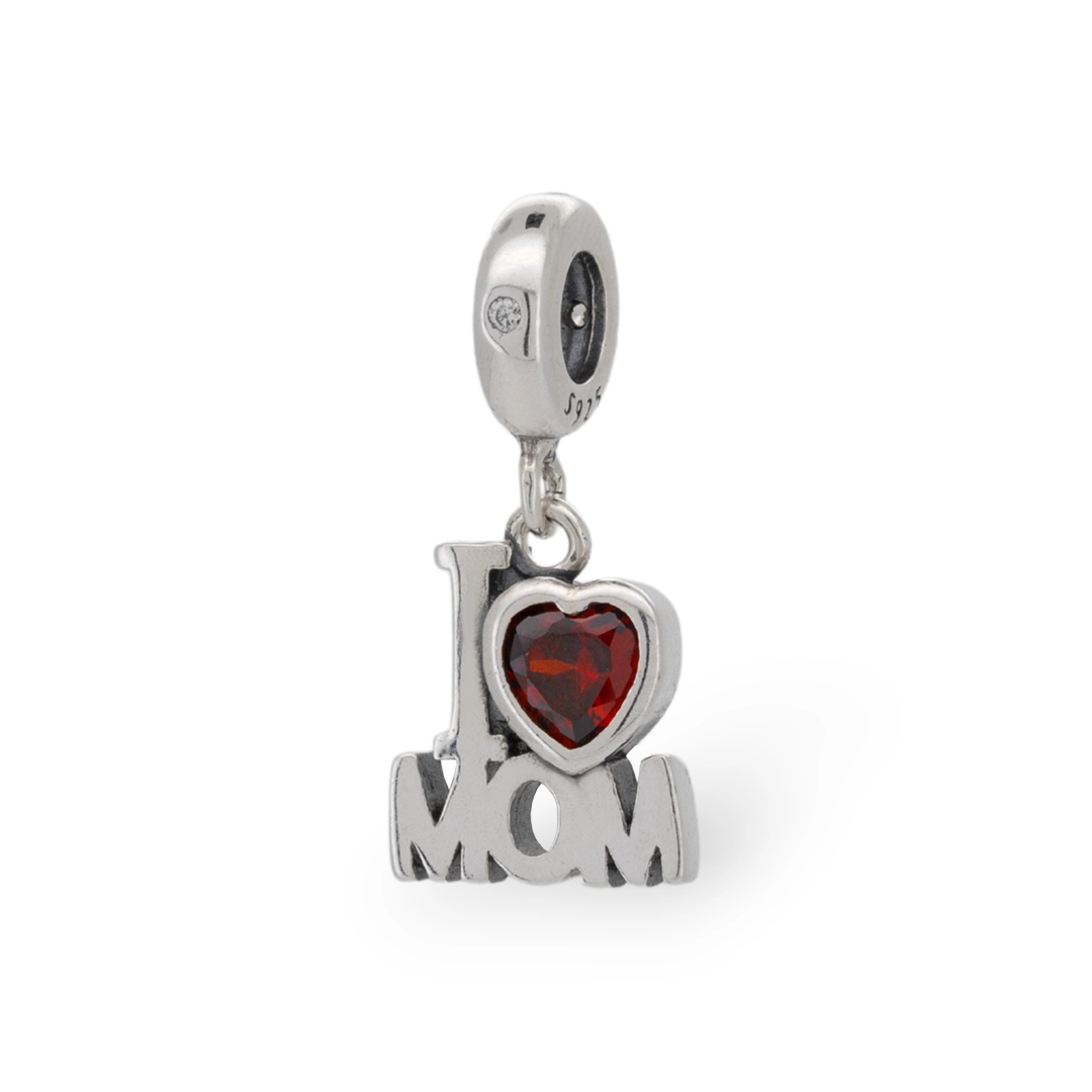 Berloque De Prata  I love Mom Com Zircônia Rubi