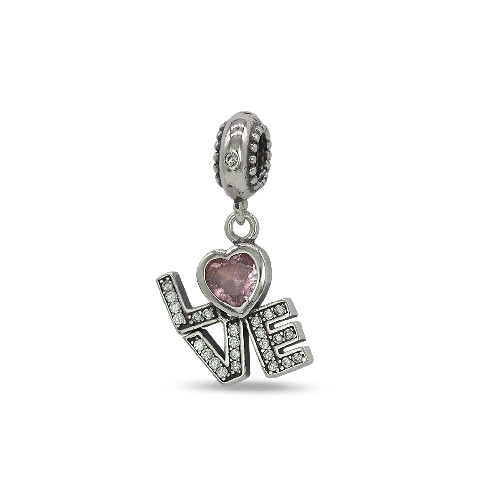 Berloque de Prata Symbol Love com Coração de Zircônia Rosa