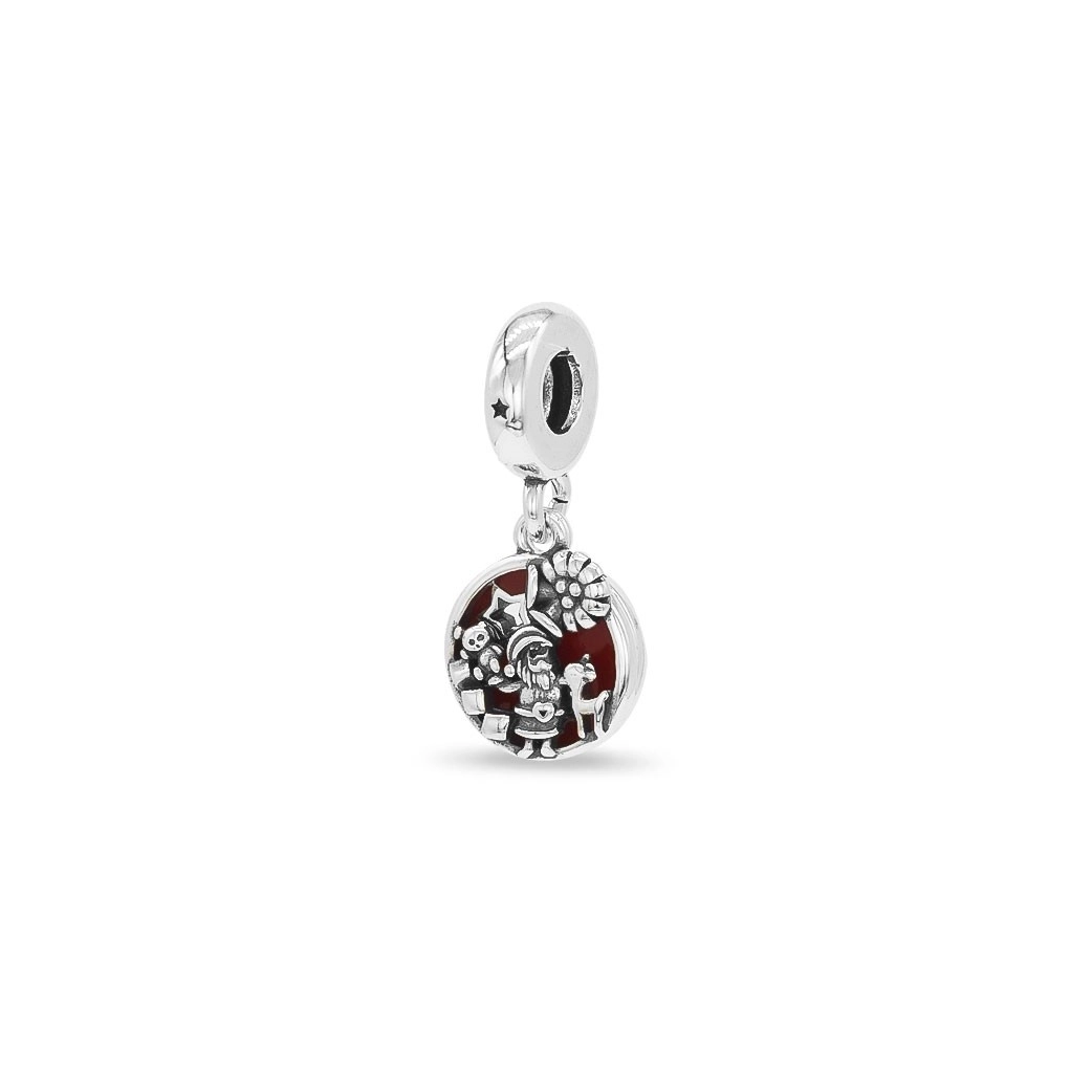 Berloque de Prata Papai Noel e Rena Vermelho Esmaltado