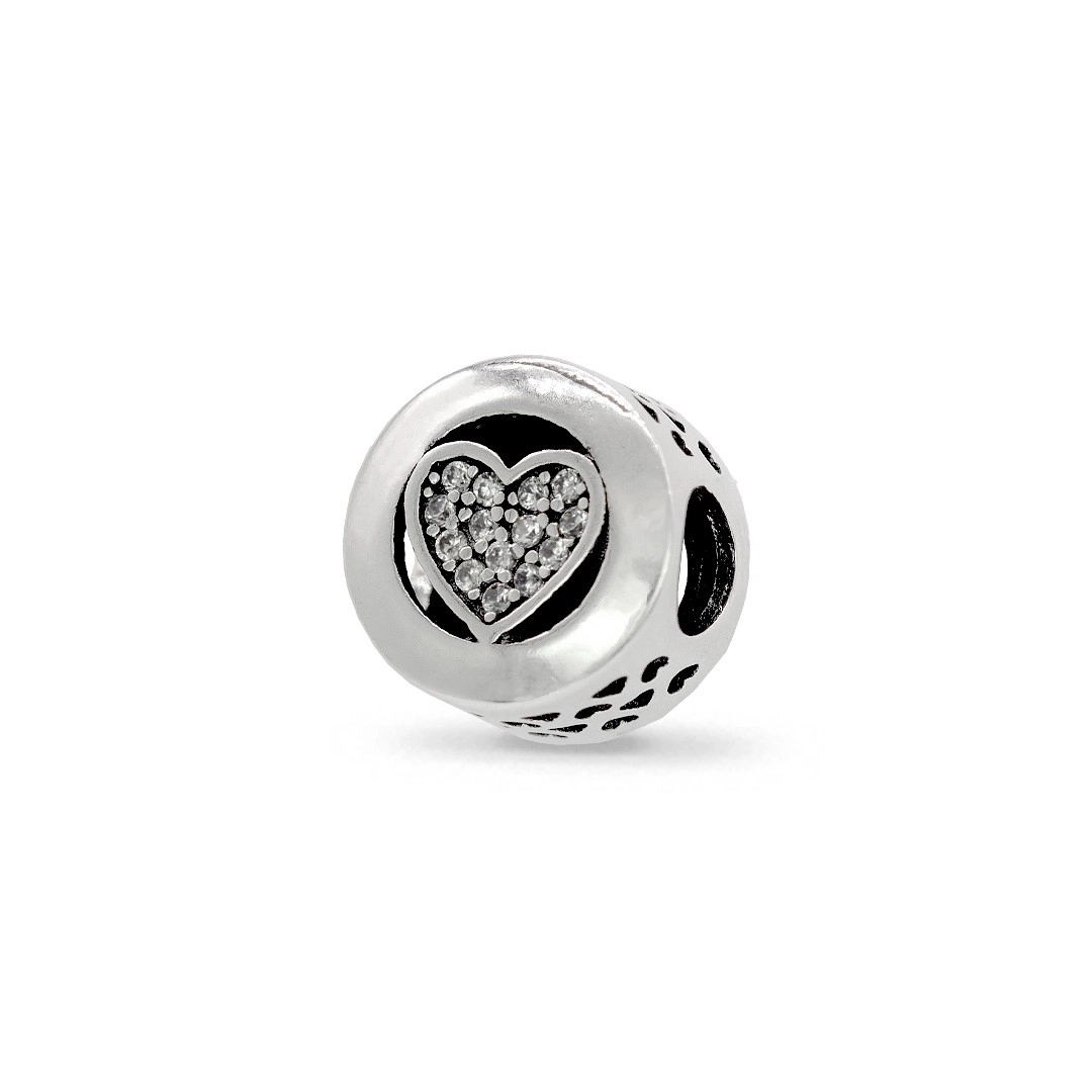Berloque de Prata Symbol Redondo com Coração e Zircônia Cristal