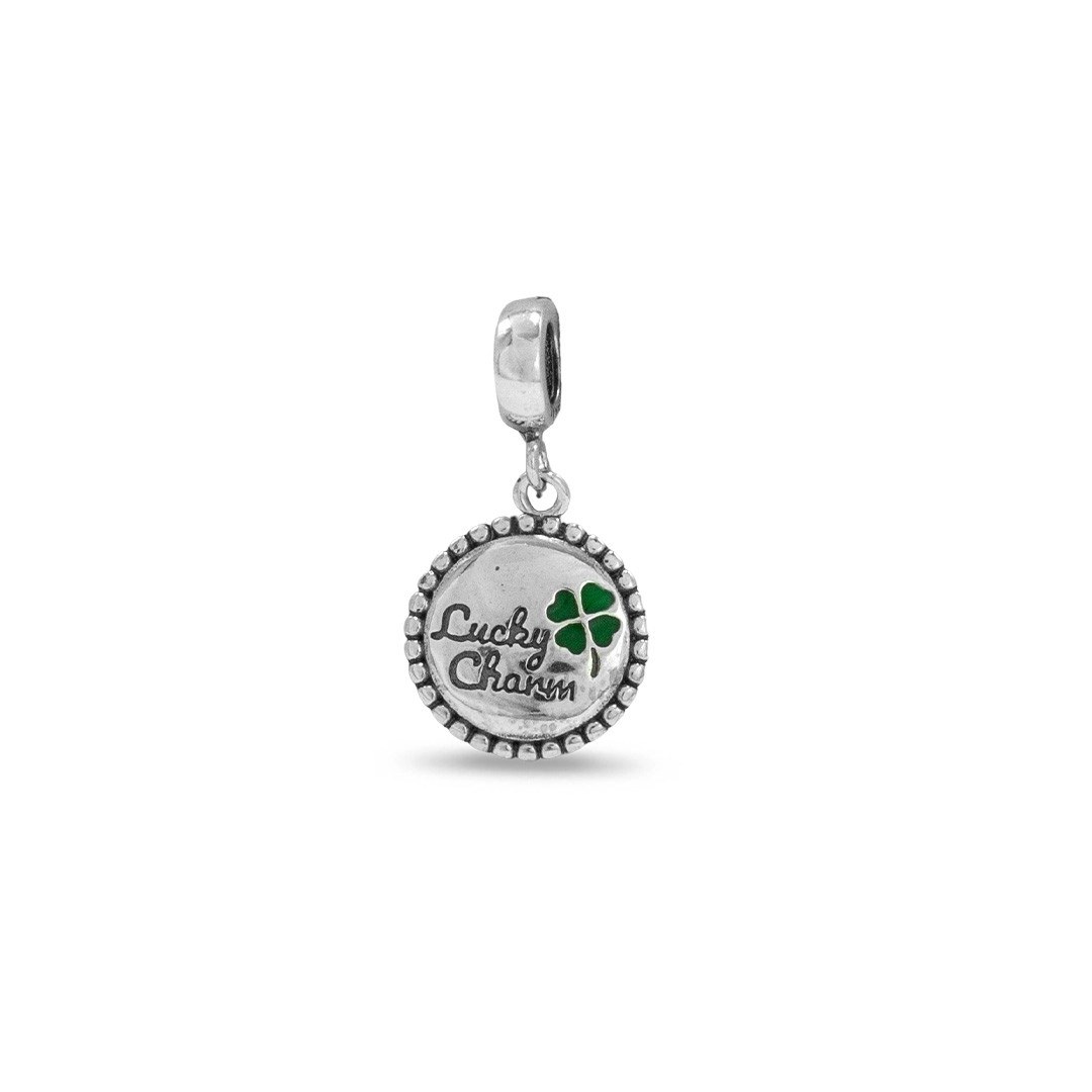 Berloque de Prata Symbol Trevo com Lucky Charm Verde Esmaltado