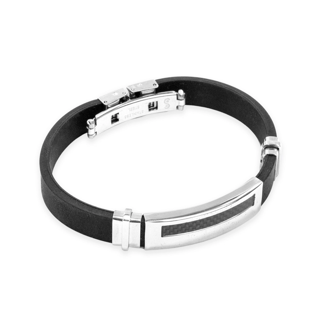 Bracelete de Aço Cauciu com Placa Lisa e Carbonada