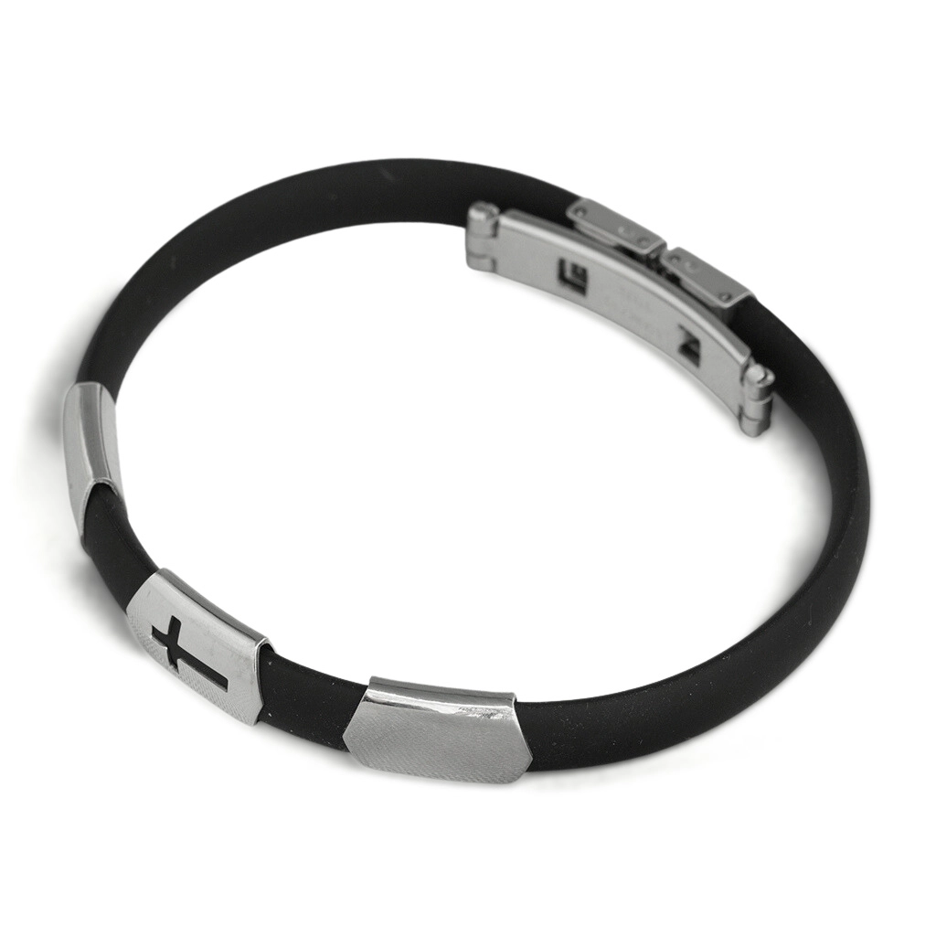 Bracelete de Aço Cauciu com Placa Lisa e Cruz Vazada