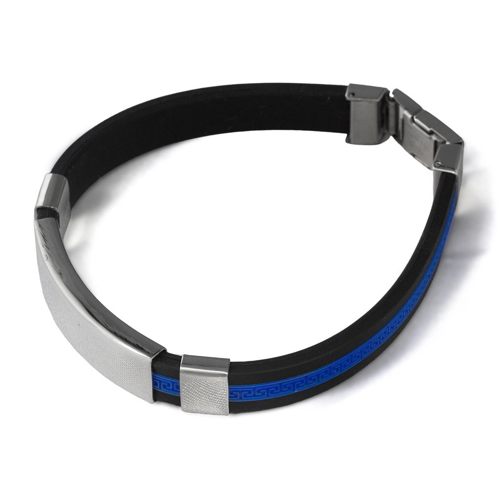 Bracelete de Aço Cauciu Preto e Azul com Placa