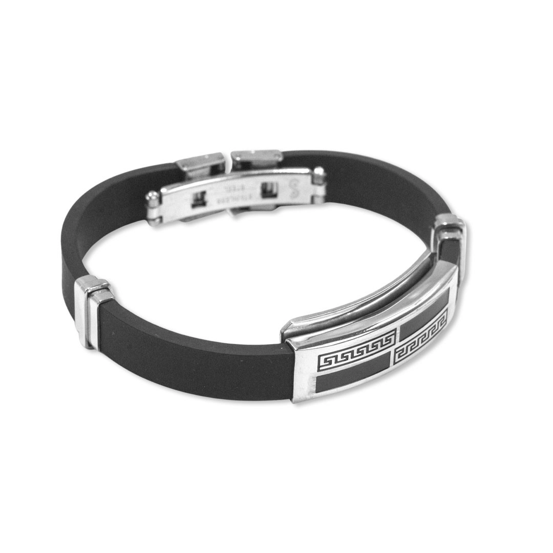 Bracelete de Aço com Cauciu e Placa Trabalhada