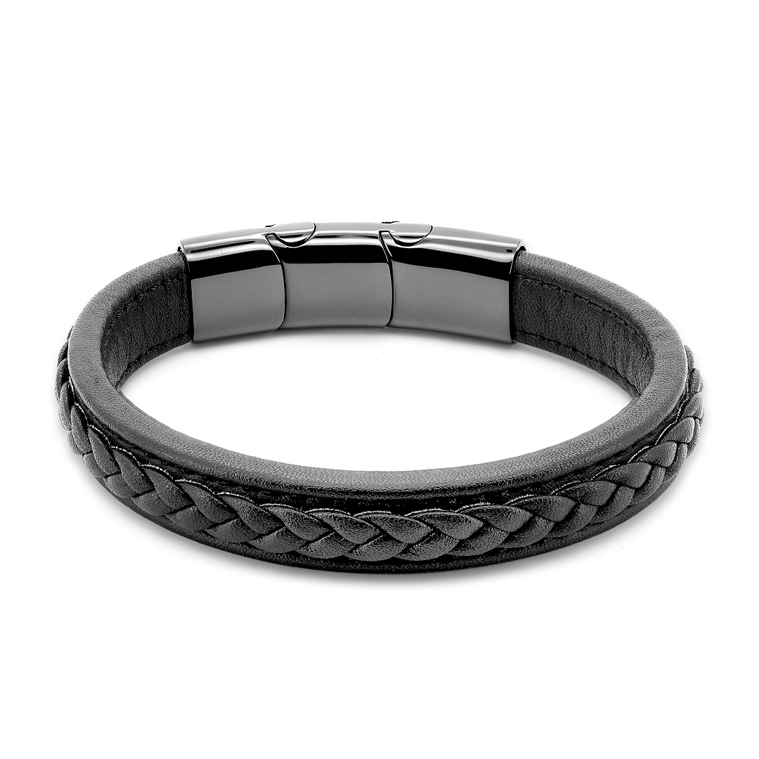 Bracelete de Aço com Couro Trançado