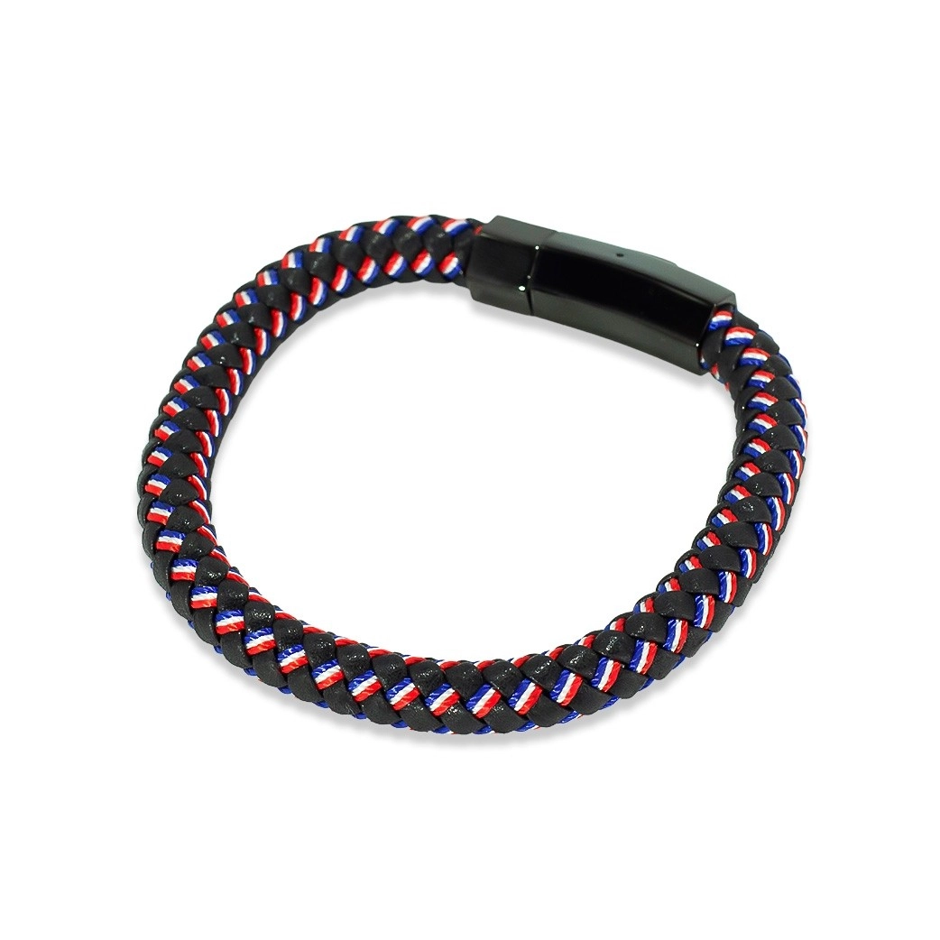 Bracelete de Aço com Fio Náutico Preto, Azul, Vermelho e Branco