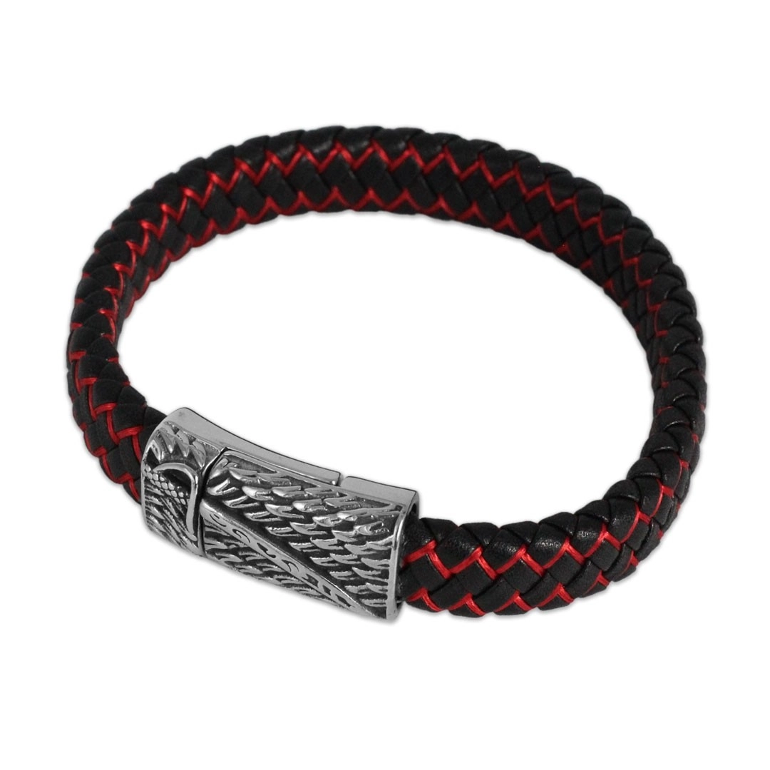 Bracelete de Aço com Fio Náutico Preto e Vermelho