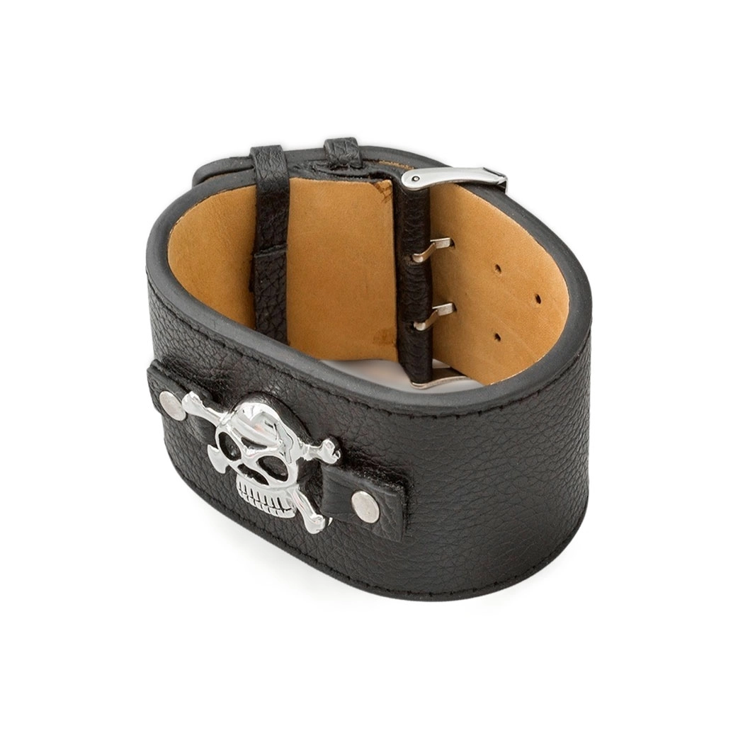 Bracelete De Aço em Couro Com Caveira