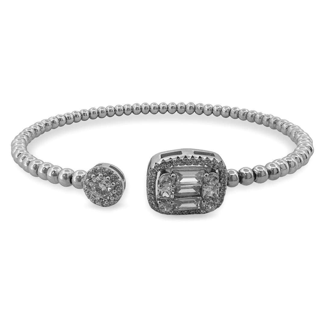 Bracelete de Prata Aberto com Esferas e Corações em Zircônias Cristal