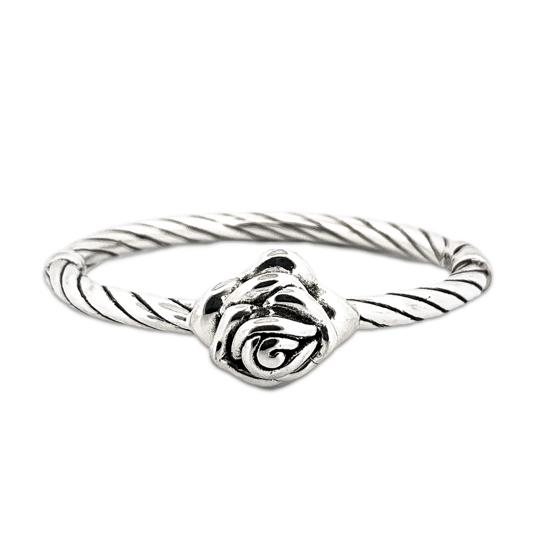 Bracelete de Prata Aberto com Flor Envelhecida 