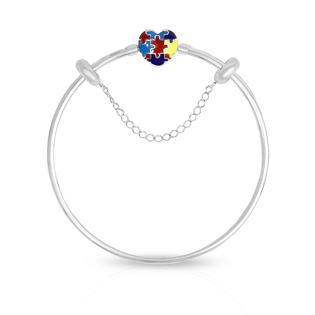 Bracelete de Prata com Fecho de Coração com Quebra-cabeça Autismo