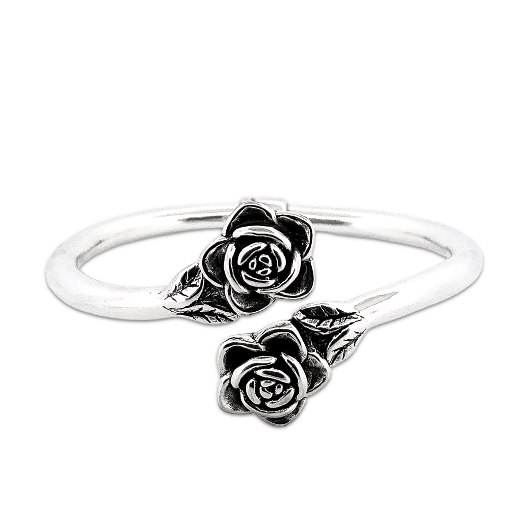 Bracelete De Prata Aberto Com Duas Flores Envelhecidas 